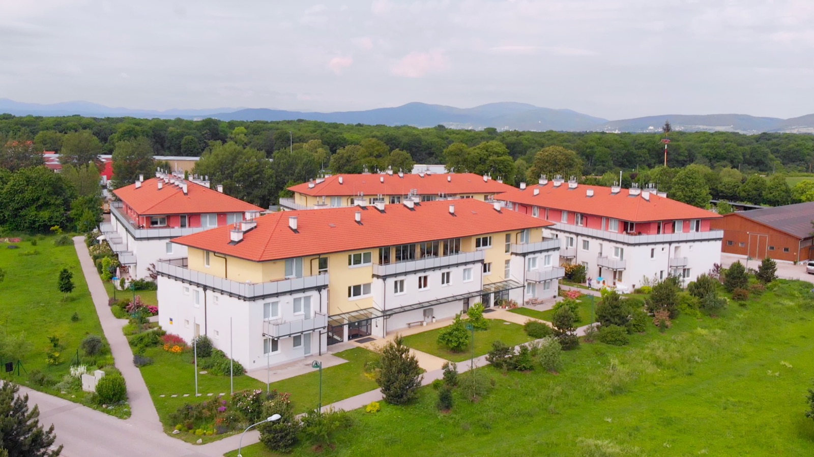 Aerial view of the student and family residences with green space