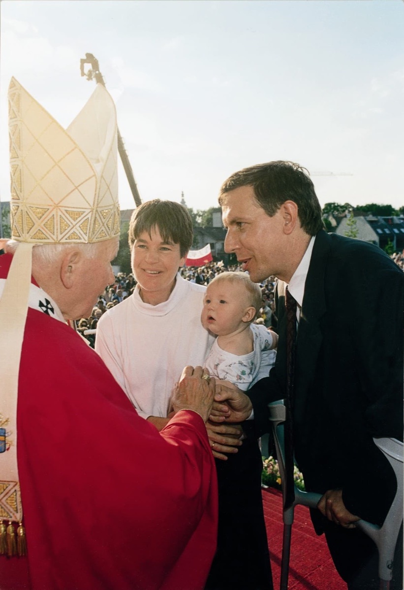 Pope John Paul II greeting the Waldstein family with their baby