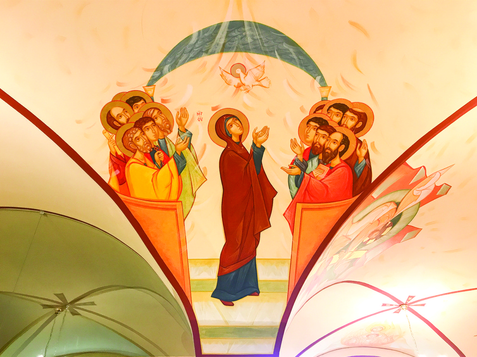 Pentecost fresco with the Mother of God and the apostles