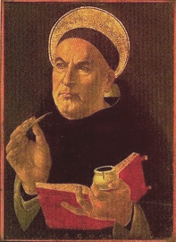 Saint Thomas Aquinas with pen and open book, painting by Sandro Botticelli